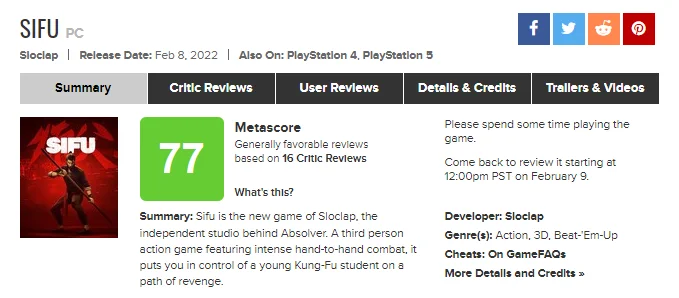 Hardcore Kung Fu Action Sifu отримав хороші відгуки від критиків