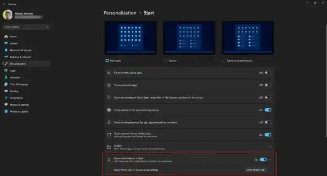 Windows 11 оновлює меню "START" за допомогою інтеграції за допомогою смартфонів Android